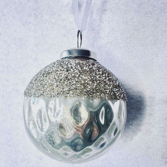 NWB Tinsel & Fir Silver 4” Beaded Christmas ballS ornaments hammered texture - Picture 3 of 8
